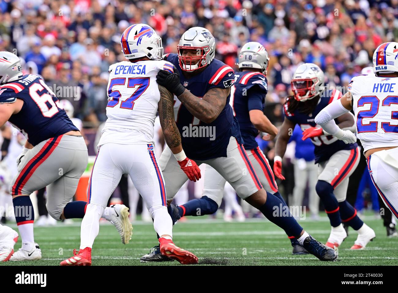 Oct 22, 2023; New England Patriots offensive tackle Trent Brown (77) blocks Buffalo Bills defensive end AJ Epenesa (57) during the second half in Foxborough, Massachusetts. Eric Canha/Cal Sport Media Stock Photo