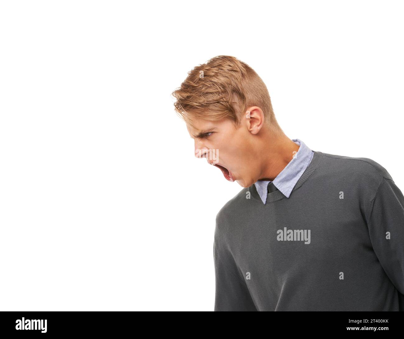 Screaming, business and man with anger, stress and reaction isolated on ...