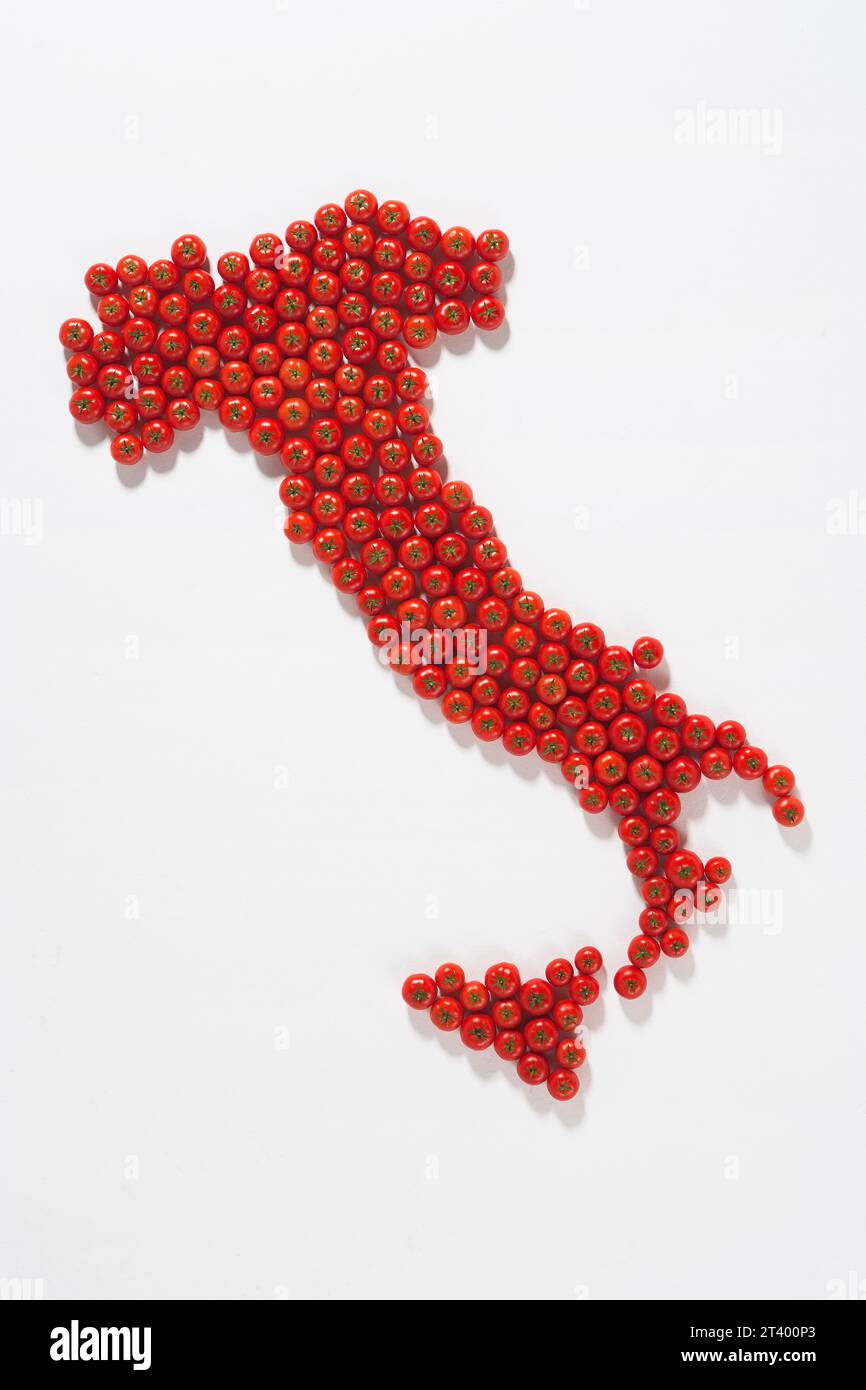 Map of Italy built with tomatoes on white background. Stock Photo