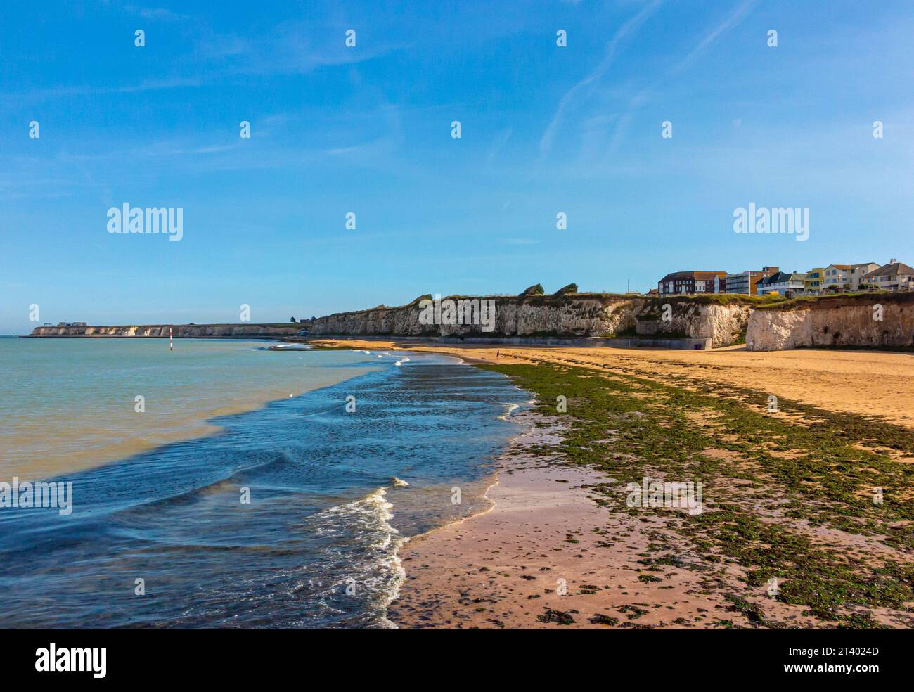 The beach and chalk cliffs at Palm Bay near Cliftonville Margate on the north coast of Thanet Kent England UK near the Thames Estuary. Stock Photo