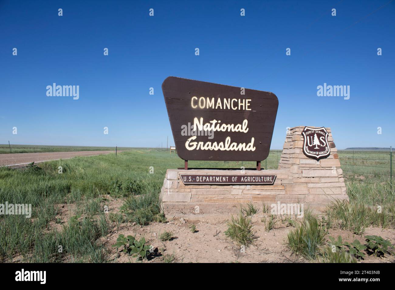 Comanche National Grassland US Department of Agricultural sign in Comanche Native American Reservation Area in Colorado at entering the grassland Stock Photo