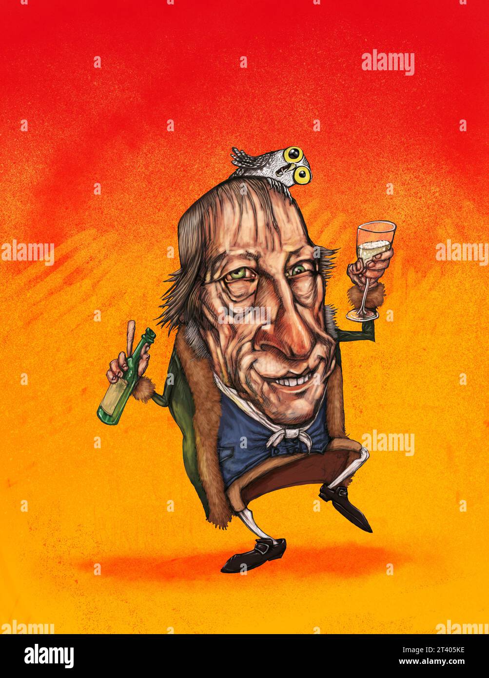 Caricature German philosopher, Georg Wilhelm Friedrich Hegel, with Owl of Minerva, wine bottle and glass (he toasted storming of Bastille every July). Stock Photo