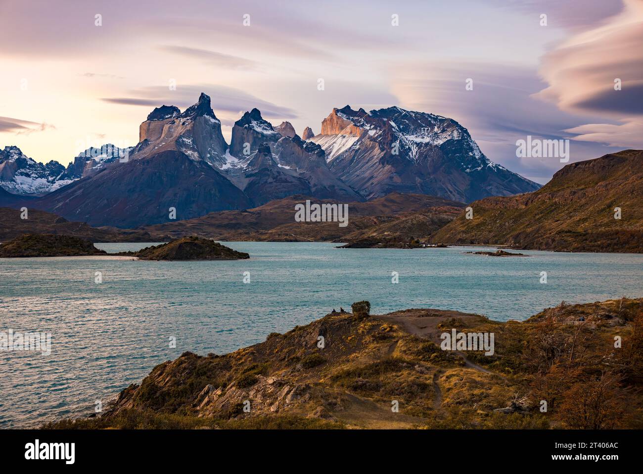 Los Cuernos del Paine at Lake Pehoe are the landmark of Torres del Paine National Park, Chile, Patagonia, South America Stock Photo