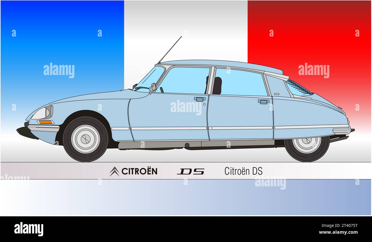 France, year 1955, Citroen DS silhouette outlined, vintage classic car with french flag, illustration Stock Photo
