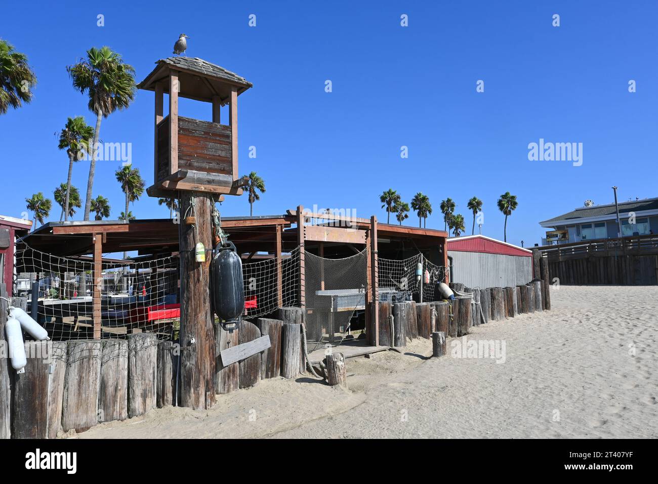 NEWPORT BEACH, CALIFORNIA - 26 OCT 2023: The Dory Fishing Fleet and Market is a beachside fishing cooperative at the pier. Stock Photo
