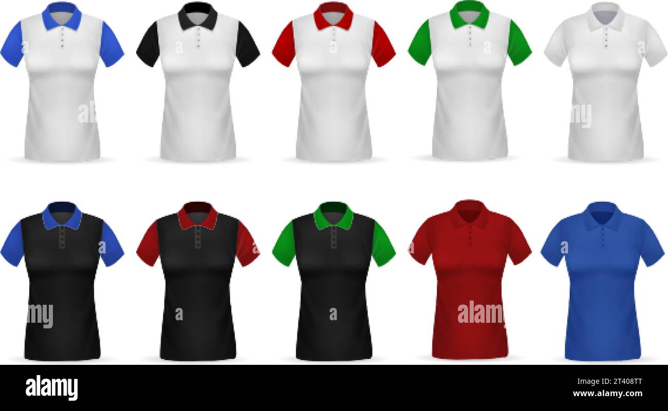 Tshirt Polo. Realistic female clothing. White or black garments with