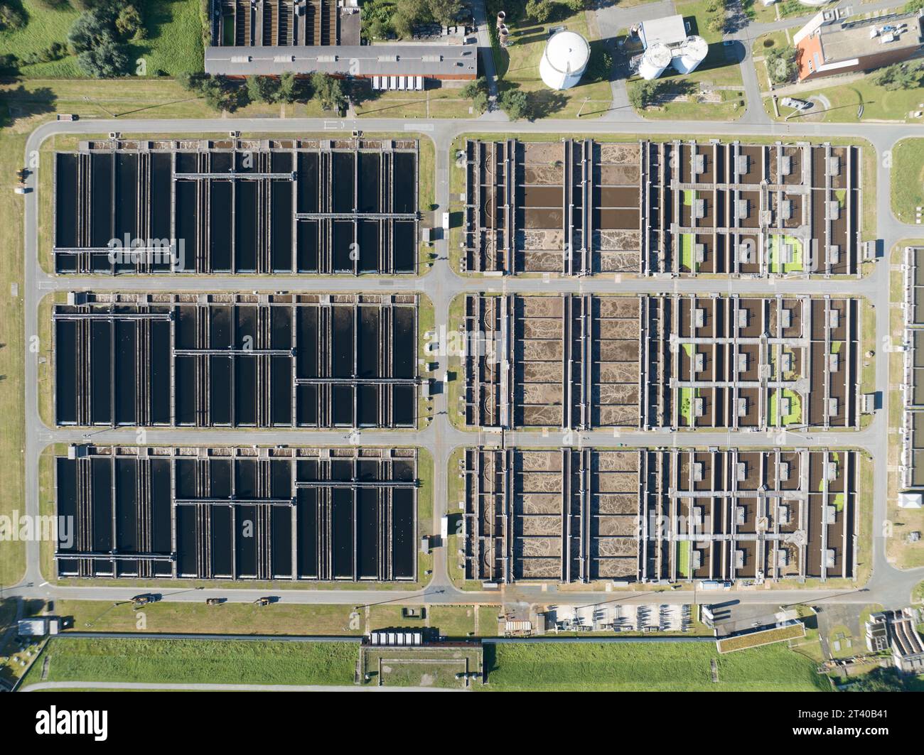 Aerial drone view of Water cleaning facility in Germany, wastewater treatment, Water treatment