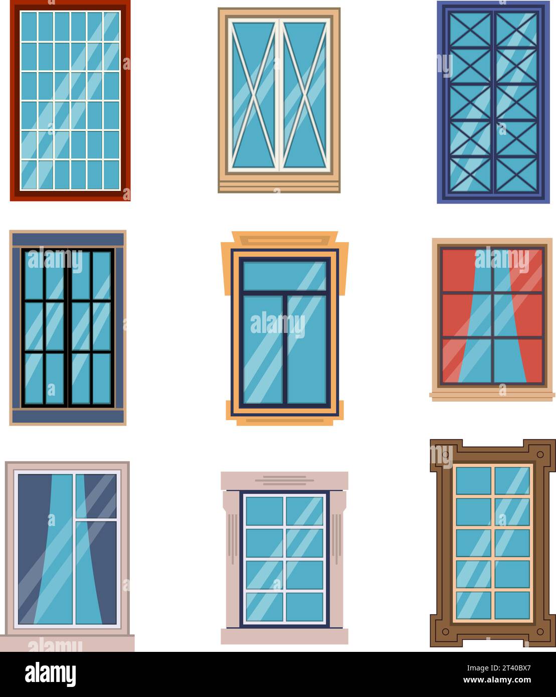 Windows frames flat. Colorful various window frame wooden and plastic