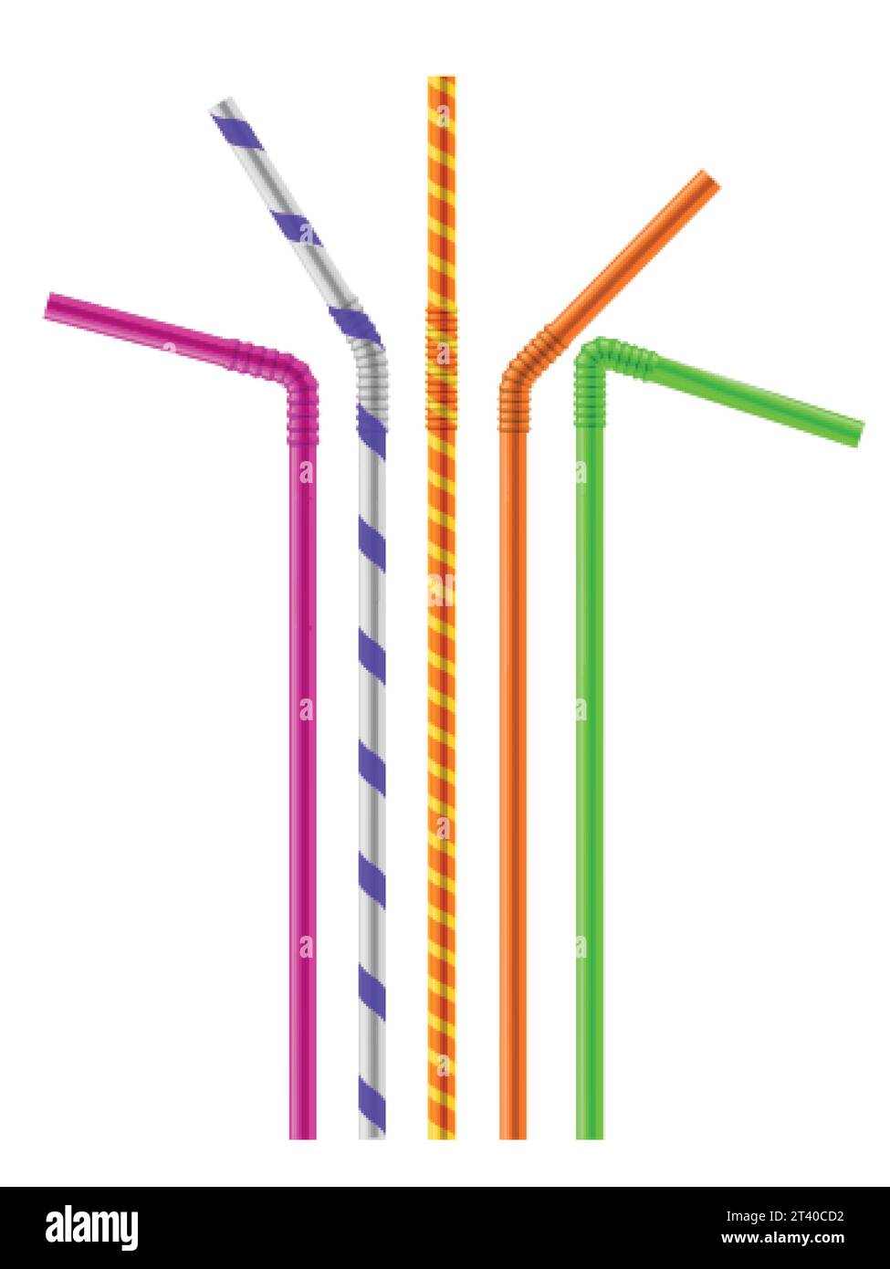 Drink color straw. Realistic beverage bright plastic pipes with patterns, differently curved