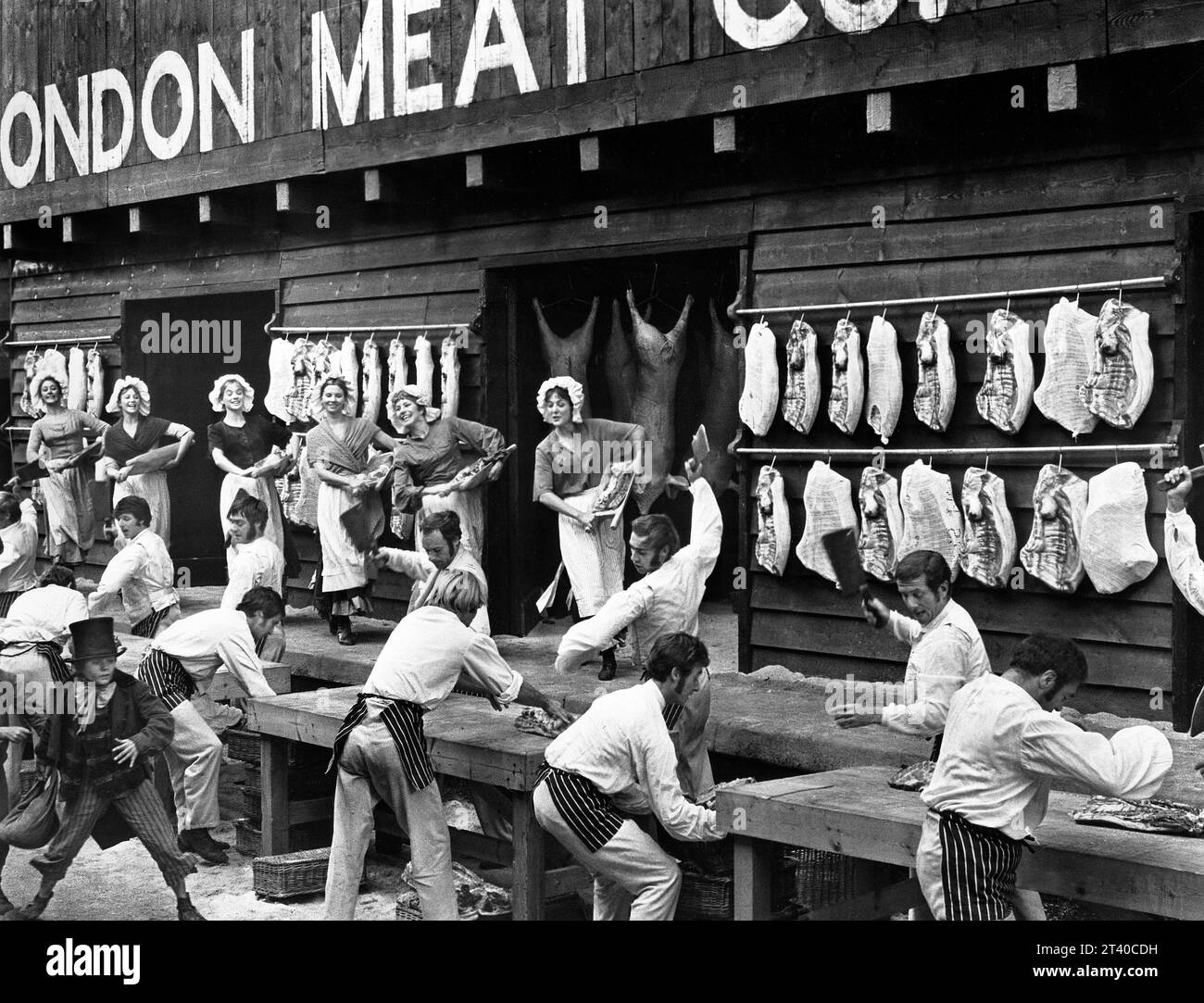 London meat market scene, on-set of the British musical film, 'Oliver!', Columbia Pictures, 1968 Stock Photo