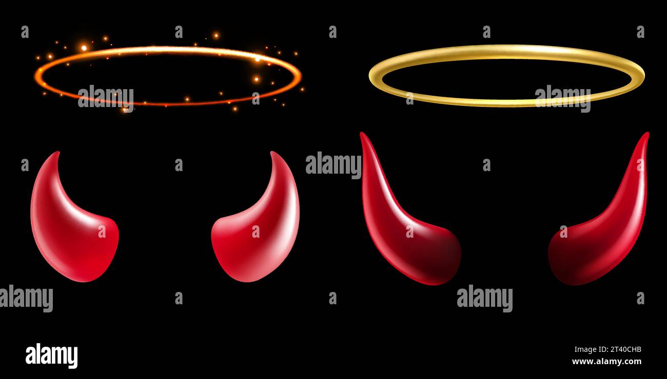 Devil horns and angel rings. Golden glowing halo, shiny golden aureole
