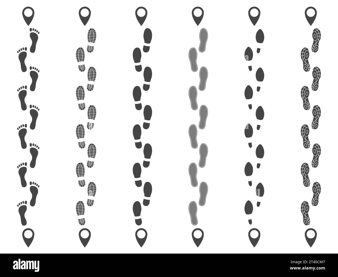 Footsteps routes tracking. Walking ways lines with gps tags, human