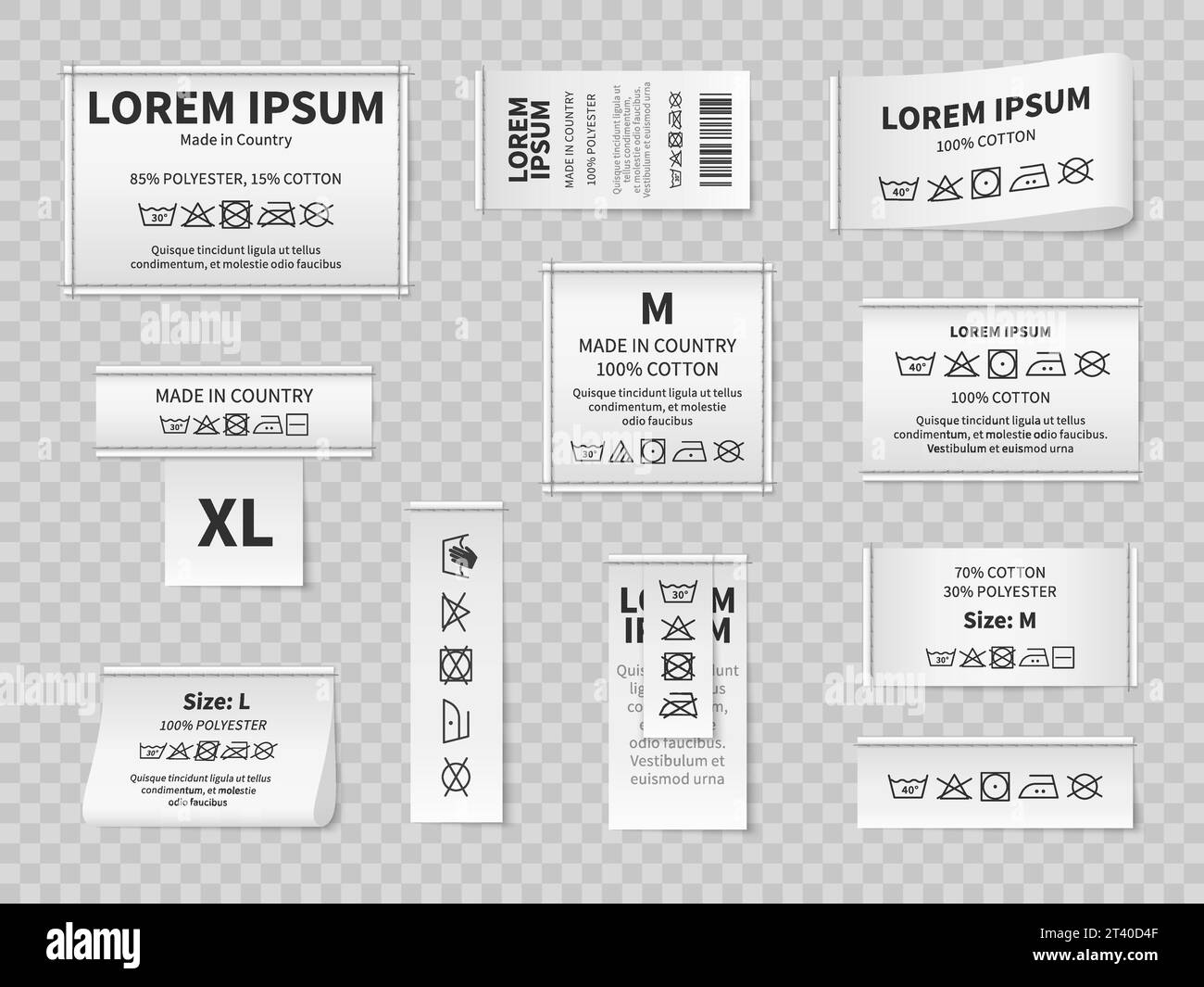 Laundry white labels. Textile care instructions tags, cotton clothes washing, drying or