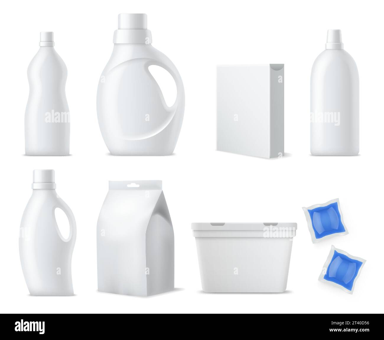 Laundry products mockup. Realistic clean white plastic bottles