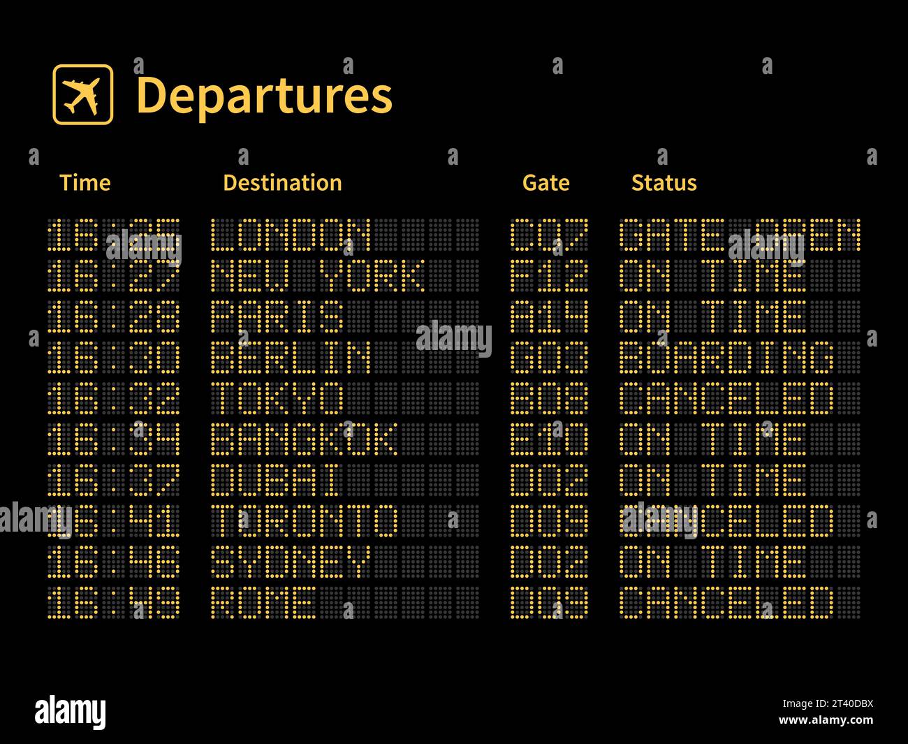 Airport led board. Aircrafts departures and terminal number gate