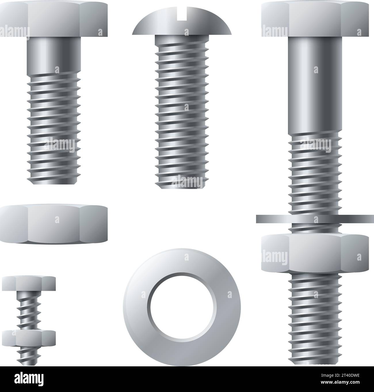 Metal screws. Stainless realistic bolts with tightened nuts, iron threaded nails with polygonal and round heads collection. Silver colored hardware as Stock Vector