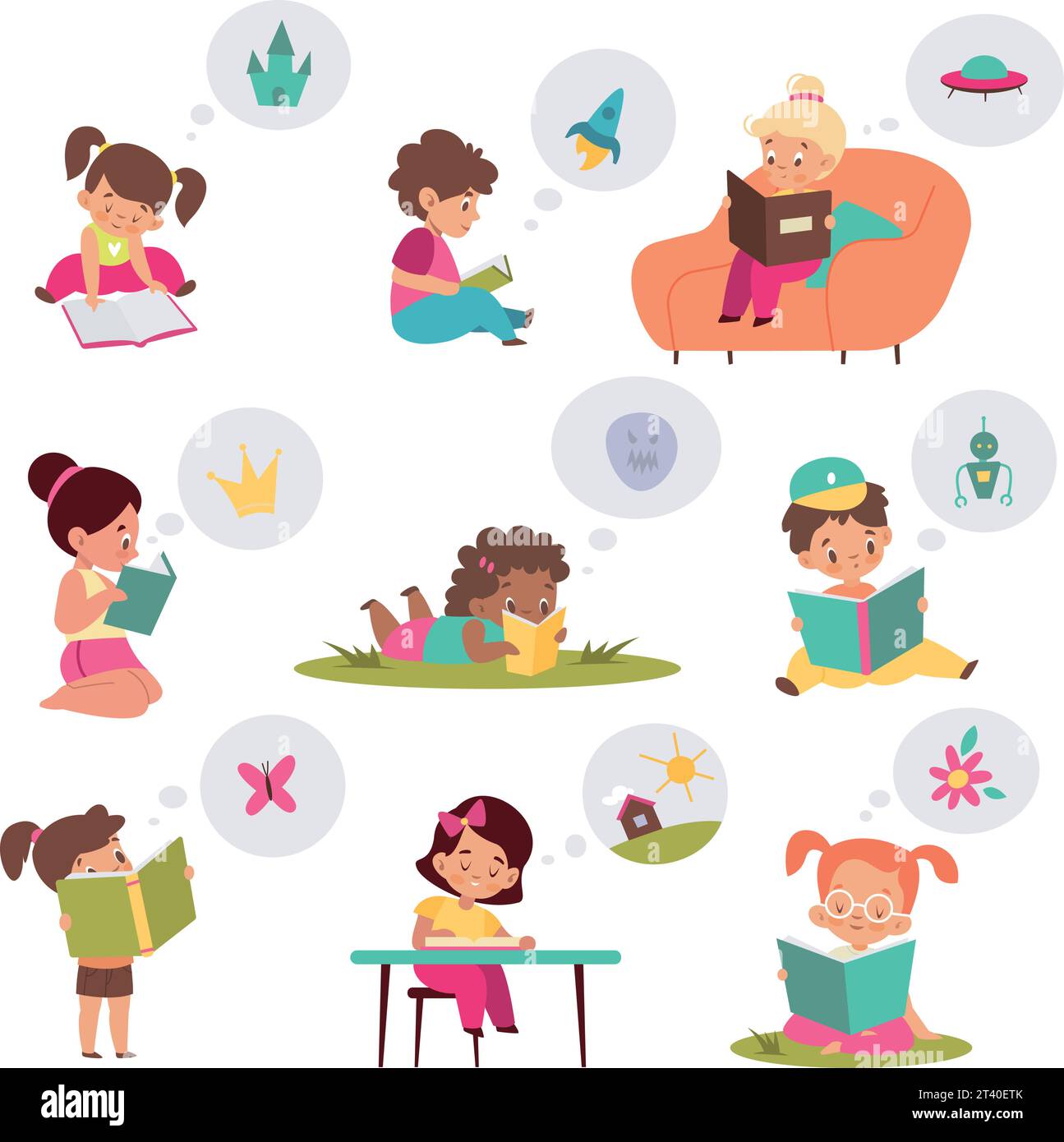 Kids read fairy tales. Cartoon children dream of princesses and knights. Cute boys and girls sit at table with books. Young characters fantasize about Stock Vector
