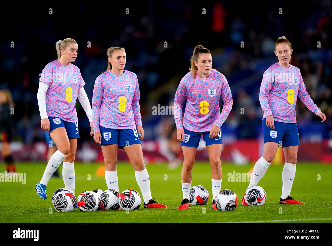 England's Alessia Russo, Georgia Stanway, Ella Toone and Keira Walsh warm up ahead of the UEFA Women's Nations League Group A1 match at the King Power Stadium, Leicester. Picture date: Friday October 27, 2023. Stock Photo