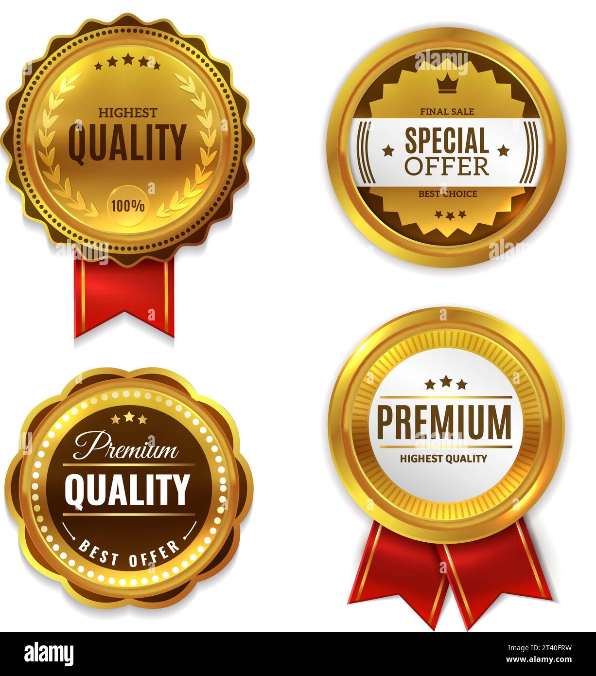 Seal quality labels gold badges. Sale and discount golden 3d medals