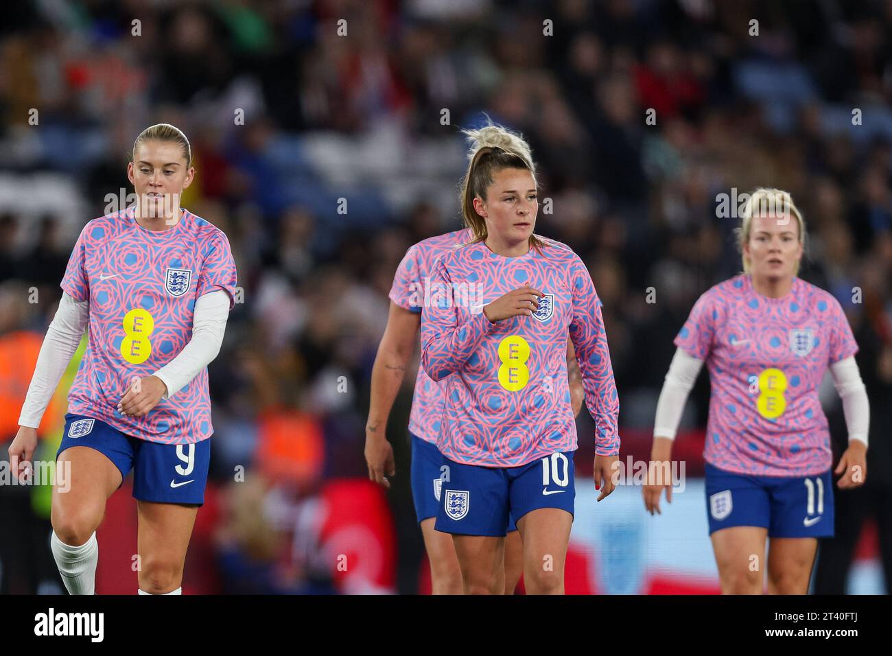 Leicester, UK. 27th Oct, 2023. England's Alessia Russo, Ella Toone & Lauren Hemp warming up ahead of the UEFA Womens Nations League match between England Women and Belgium Women at the King Power Stadium, Leicester, England on 27 October 2023. Photo by Stuart Leggett. Editorial use only, license required for commercial use. No use in betting, games or a single club/league/player publications. Credit: UK Sports Pics Ltd/Alamy Live News Stock Photo