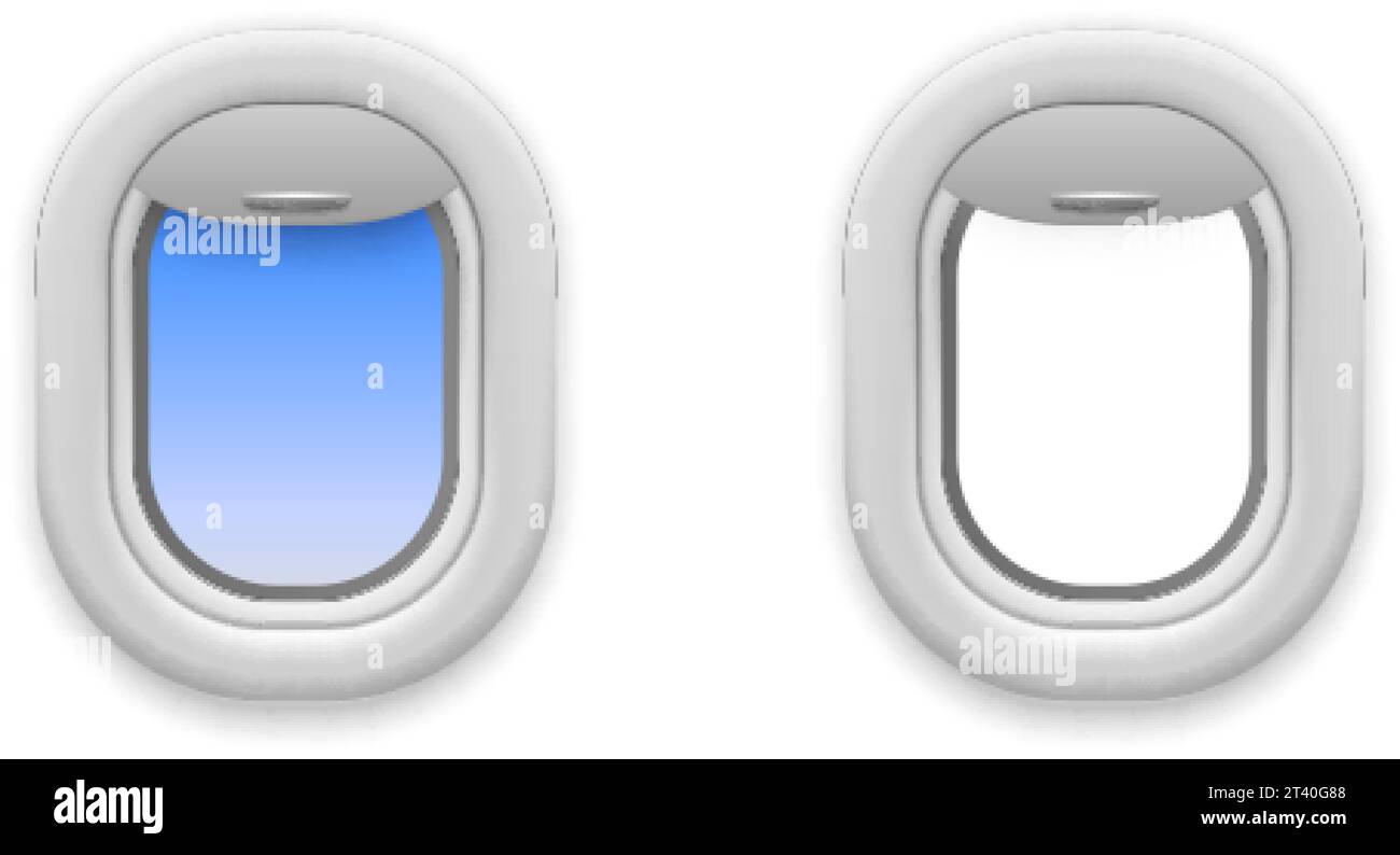 Airplane window open. Realistic aircraft windows. Empty and with blue