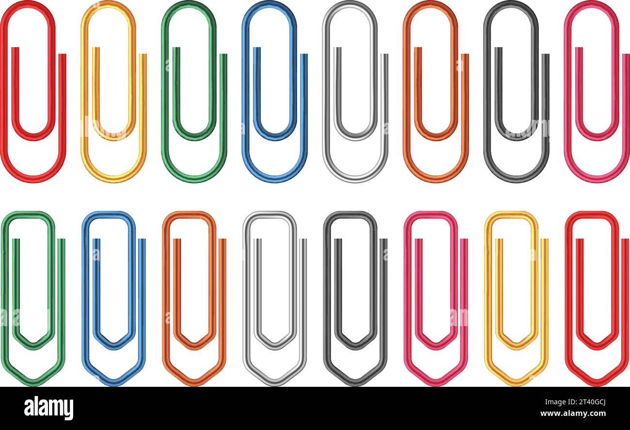 Colored paper clips. Fasteners document sheets realistic clip, office