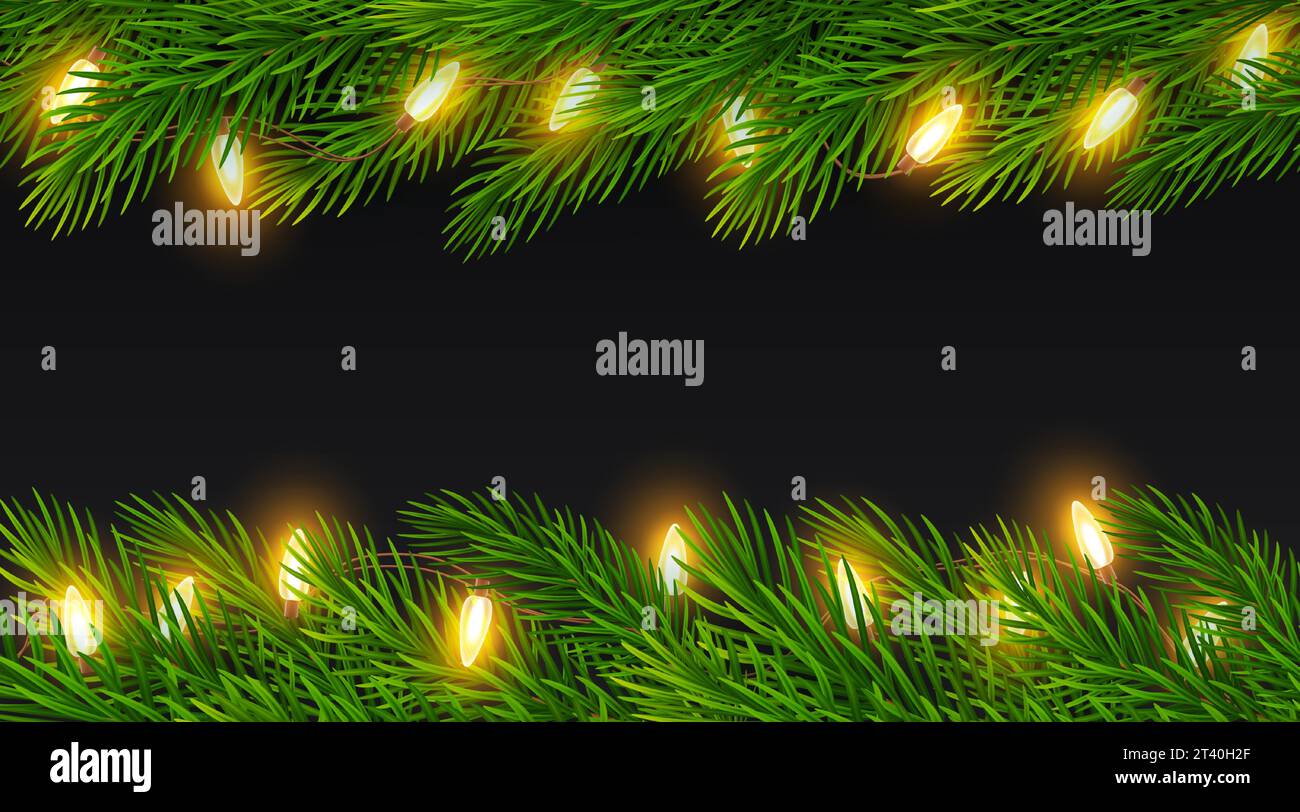 Christmas border of realistic fir tree branches with electric garland ...