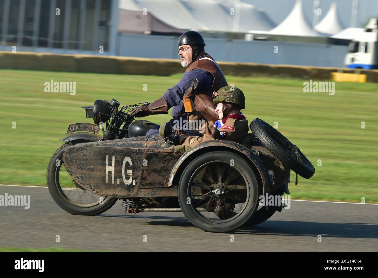 1943 Royal Enfield Motorcyle and sidecar combination, Track Parade - Motorcycle Celebration, circa 200 bikes featured in the morning parade laps, incl Stock Photo