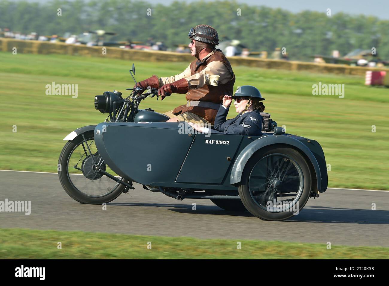 ex-RAF Motorcycle combination, Track Parade - Motorcycle Celebration, circa 200 bikes featured in the morning parade laps, including sidecar outfits a Stock Photo