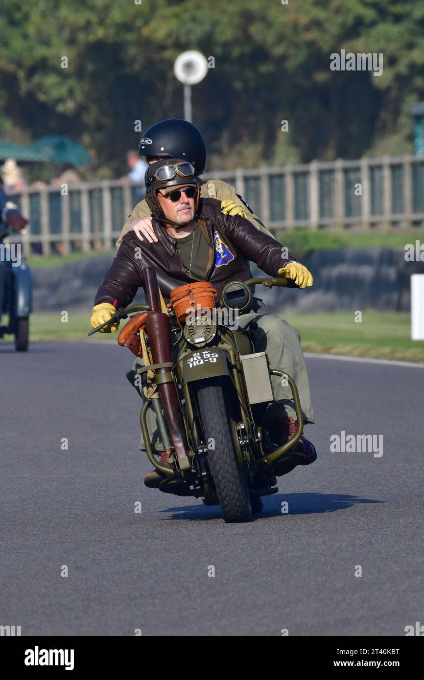 ex-Military motorcycle, Track Parade - Motorcycle Celebration, circa 200 bikes featured in the morning parade laps, including sidecar outfits and moto Stock Photo