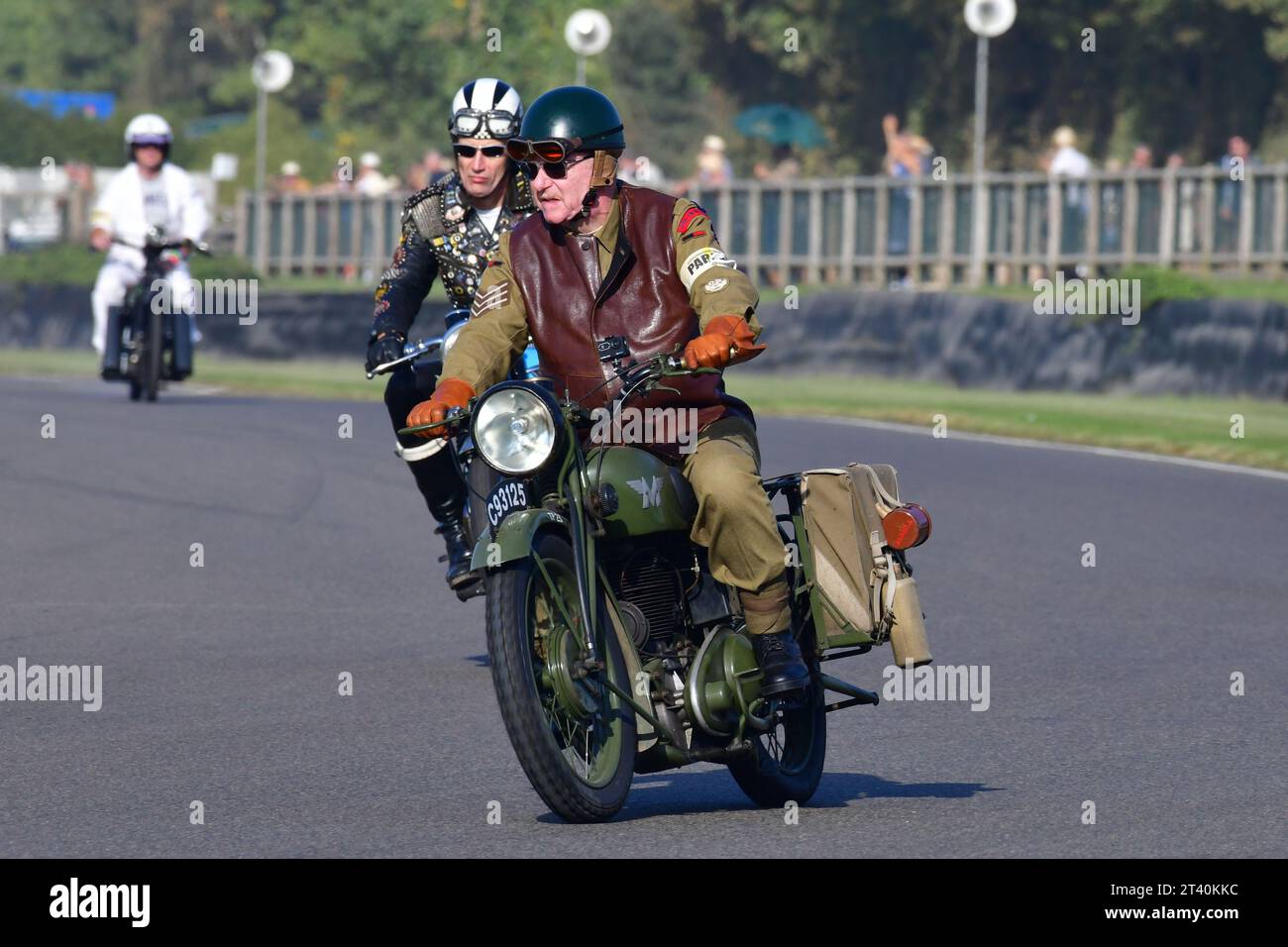 ex-military Matchless, Track Parade - Motorcycle Celebration, circa 200 bikes featured in the morning parade laps, including sidecar outfits and motor Stock Photo