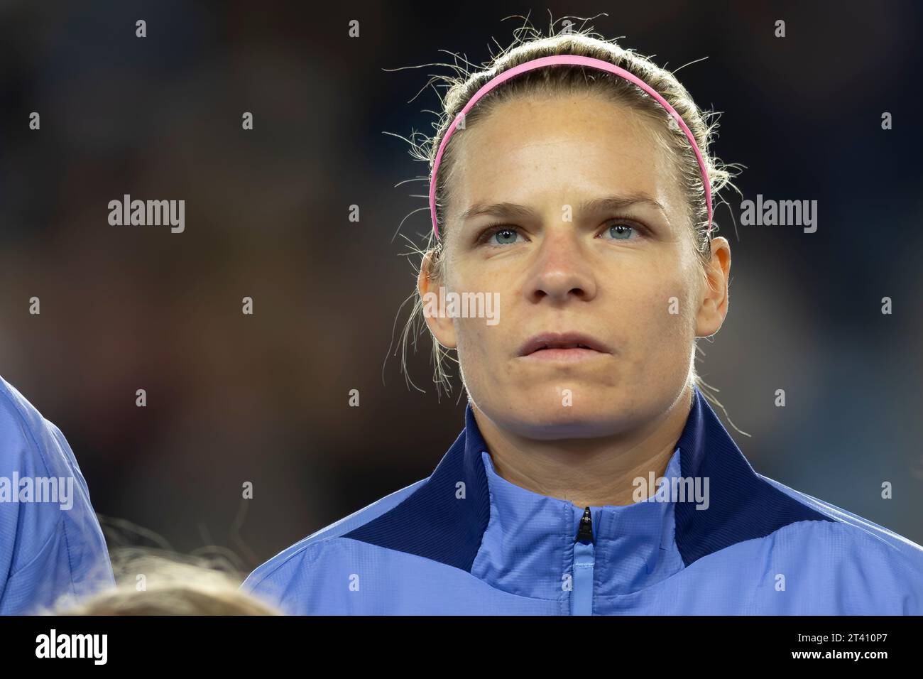 Oslo, Norway 27 October 2023  Eugenie Le Sommer of France and Olympique Lyonnais Feminin during the Norway national anthem at the National League Group A2 match between Norway women and France women held at the Ullevaal Stadion in Oslo, Norway credit: Nigel Waldron/Alamy Live News Stock Photo