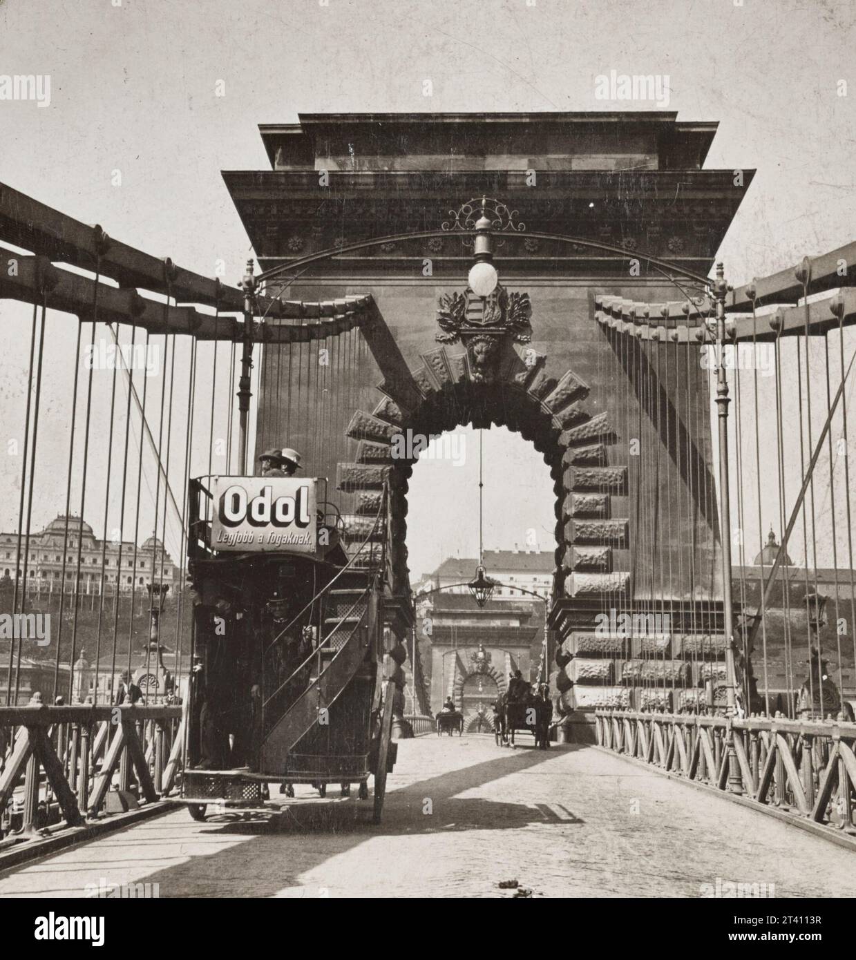 Crossing the great suspension bridge, Budapest, Hungary, 1902 Stock Photo