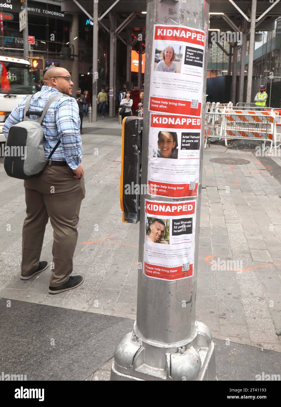 New York, New York, USA. 27th Oct, 2023. A view of the ''˜Kidnapped' posters of 62 year old Israeli- American hostage Adrienne Seigel, 38 year old Israeli hostage Arbel Yehiod and 52 year old Israeli hostage Yosi Sharabi in Times Square. The signs were created by Israeli street artists nom de plume Dede Bandaid and Nitzan Mintz as a campaign to raise awareness for the over 200 hostages Hamas captured on October 7th. Concerns about the safety of the hostages has increased as the IDF ground operation in Gaza is expanding. (Credit Image: © Nancy Kaszerman/ZUMA Press Wire) EDITORIAL USAGE ONLY Stock Photo
