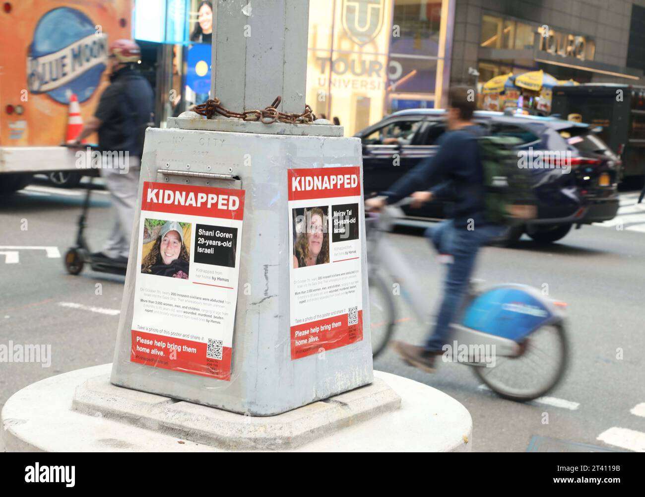 New York, New York, USA. 27th Oct, 2023. A view of the ''˜Kidnapped' posters of 29 year old Israeli hostage Shani Goren and 53 year old Israeli hostage Meirav Tal in Times Square. The signs were created by Israeli street artists nom de plume Dede Bandaid and Nitzan Mintz as a campaign to raise awareness for the over 200 hostages Hamas captured on October 7th. Concerns about the safety of the hostages has increased as the IDF ground operation in Gaza is expanding. (Credit Image: © Nancy Kaszerman/ZUMA Press Wire) EDITORIAL USAGE ONLY! Not for Commercial USAGE! Stock Photo