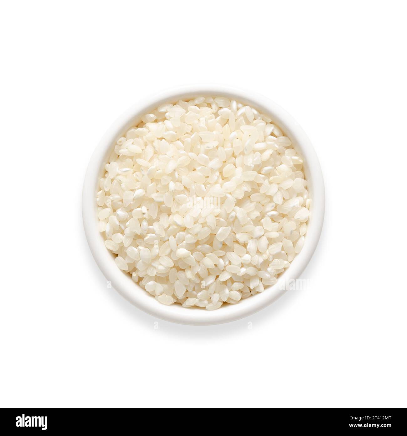Koshihikari rice in a white bowl on white background. Square format. Top view. Stock Photo