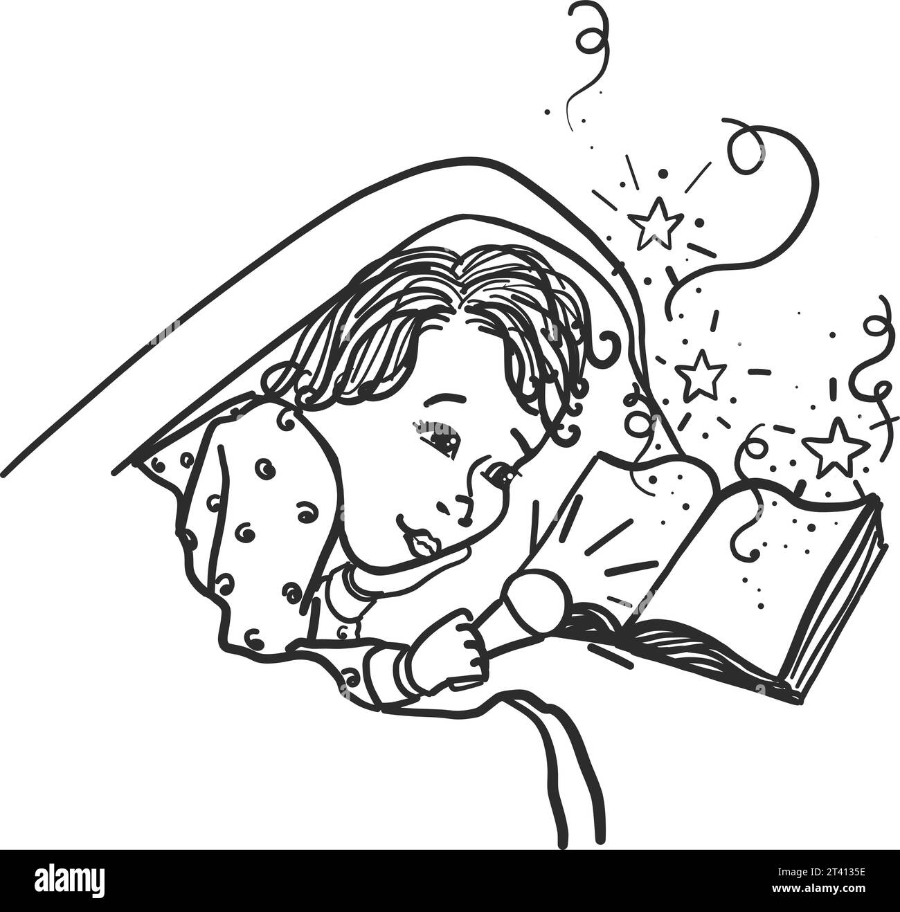 Child under the covers with a flashlight reading Vector Image Stock