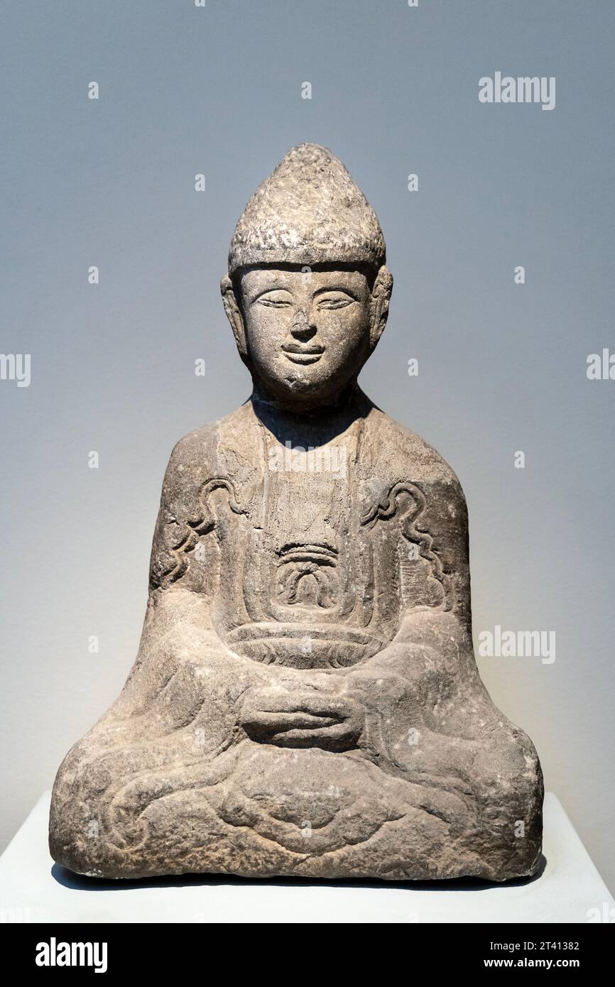 Meditating stone Buddha statue, Thanh Hoa, Vietnam 15th - 16th century, Royal Museums of Art and History, Brussels, Belgium Stock Photo