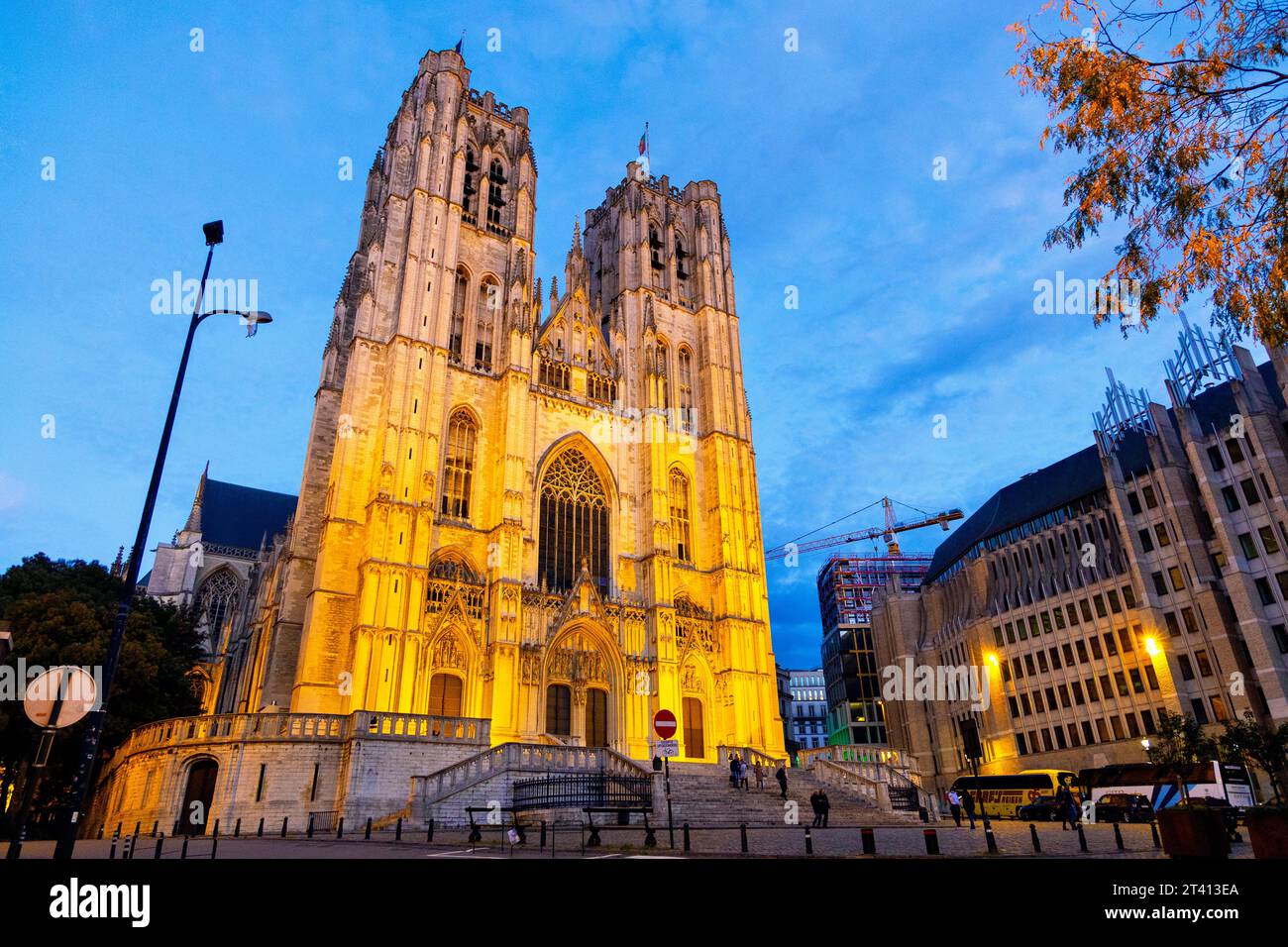 Exterior of the Brabantine Gothic style Cathedral of St. Gudula at night, Brussels, Belgium Stock Photo