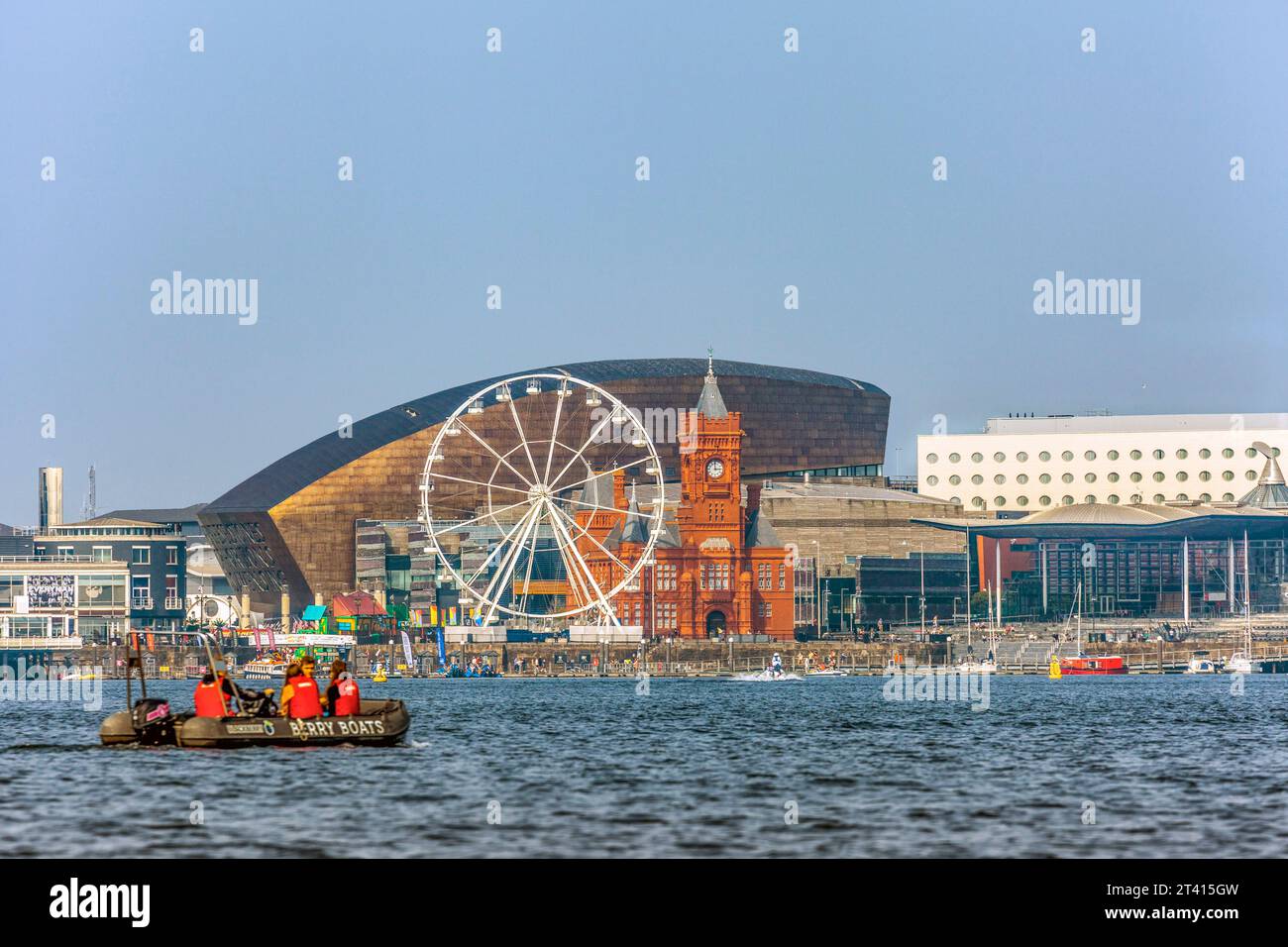 Cardiff Bay, including the Cardfiff Eye, Wales Millennium Centre, the Pierhead Building and the Senedd, South Wales Stock Photo
