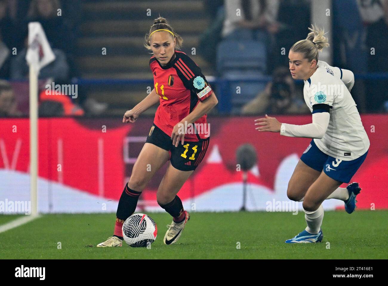 Leicester, UK. 27th Oct, 2023. Belgium's Janice Cayman and England's Alessia Russo pictured in action during a soccer match between England and Belgium's national women's team the Red Flames, game 3/6 in group A1 of the 2023-2024 UEFA Women's Nations League competition, on Friday 27 October 2023, in Leicester, United Kingdom. BELGA PHOTO DAVID CATRY Credit: Belga News Agency/Alamy Live News Stock Photo