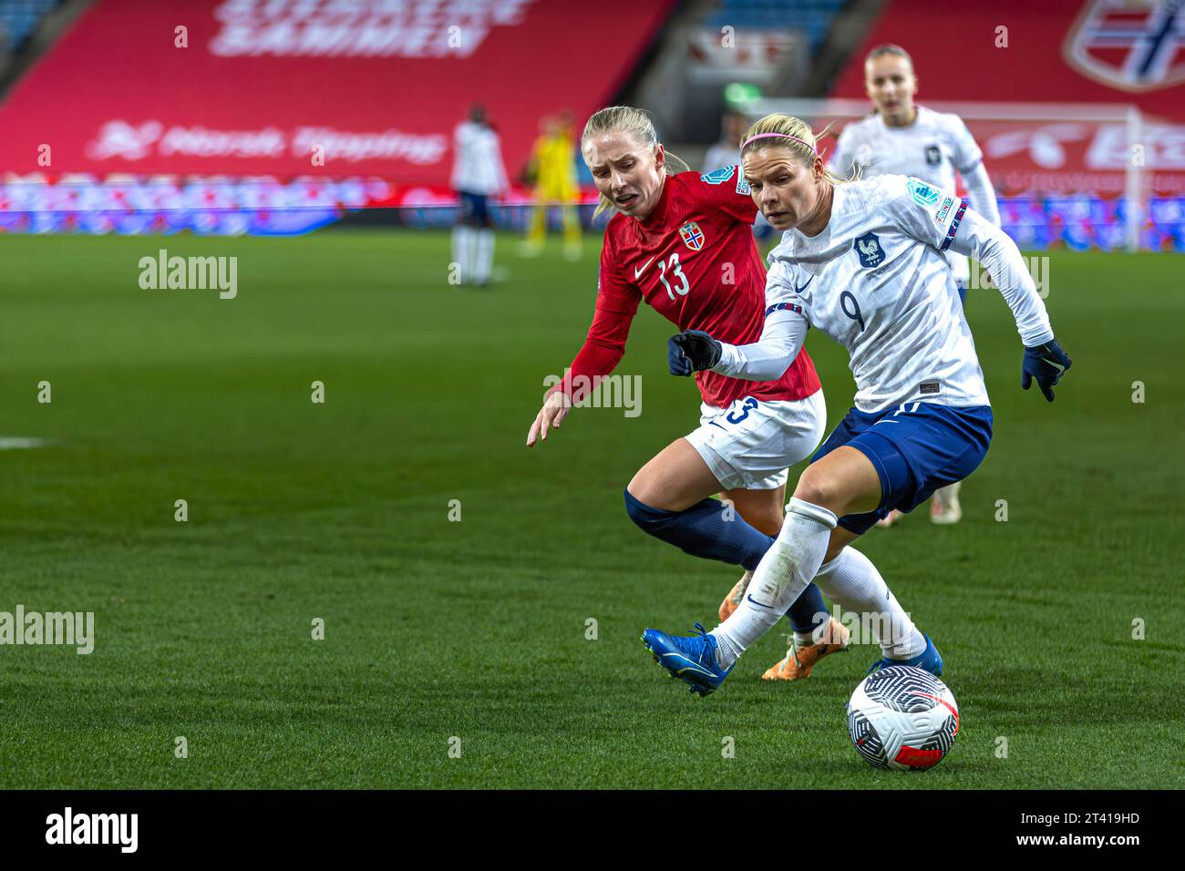 Oslo, Norway 27 October 2023  Eugenie Le Sommer of France and Olympique Lyonnais Feminin keeps possession of the ball during the National League Group A2 match between Norway women and France women held at the Ullevaal Stadion in Oslo, Norway credit: Nigel Waldron/Alamy Live News Stock Photo