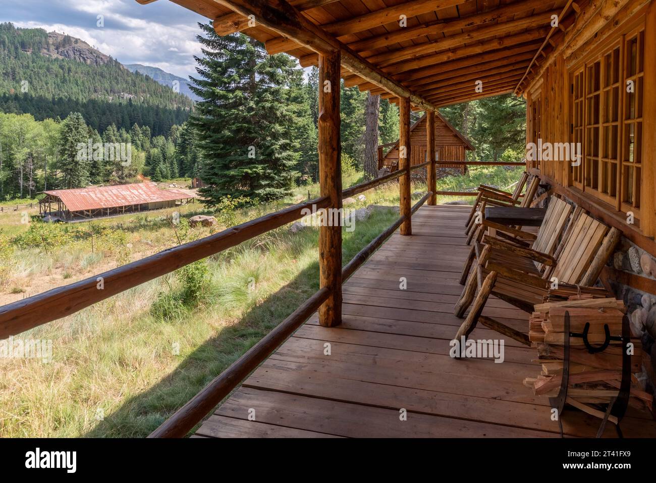 View from the porch of a cabin at the Minam River Lodge, Oregon. Stock Photo
