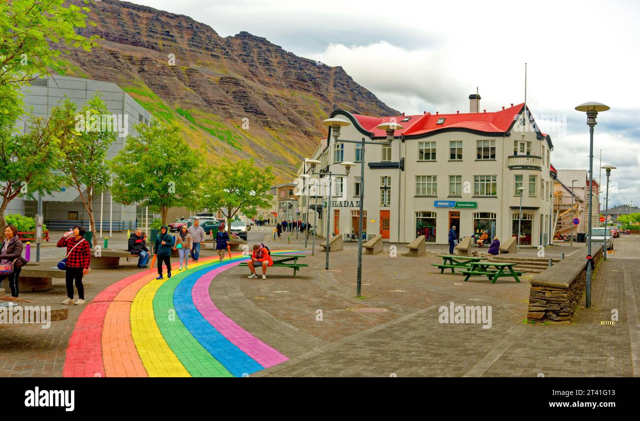 ISAFJORDUR, ICELAND - September 1, 2023: Iceland's industry is 25 of economic activity, while services is close to 70 . The tourism sector is expandin Stock Photo
