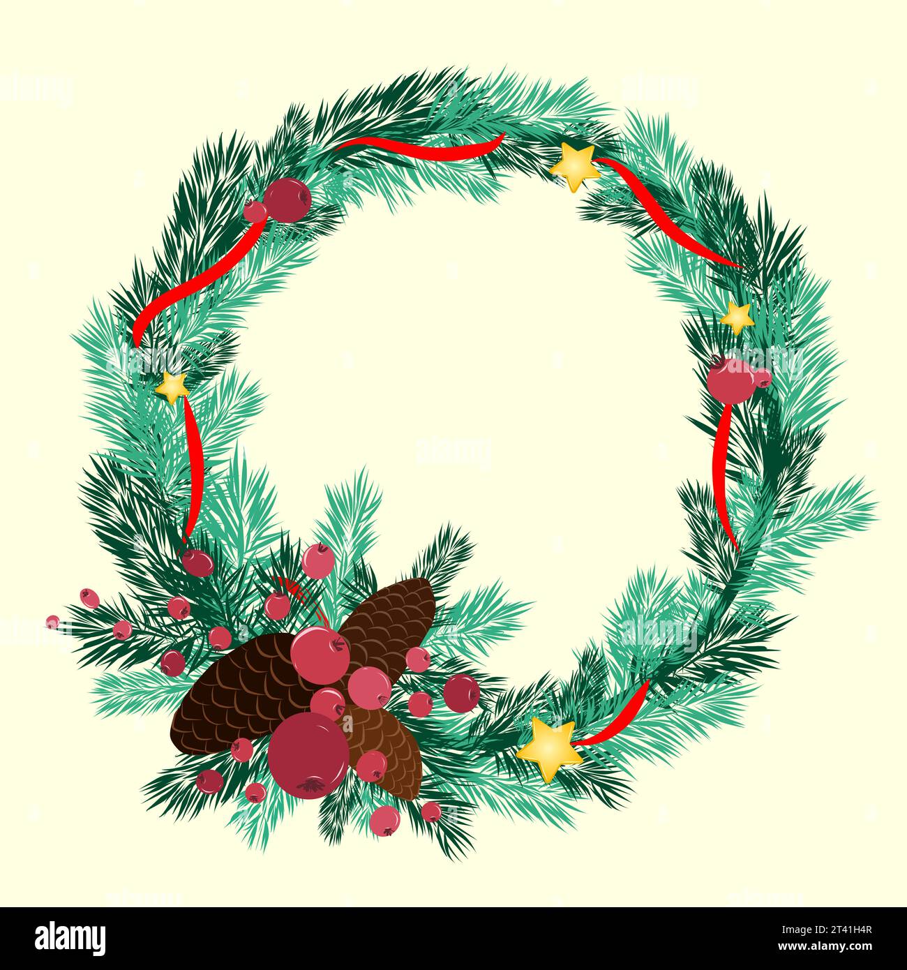 Christmas wreath of fir branches with red ribbon around, red rowan ...