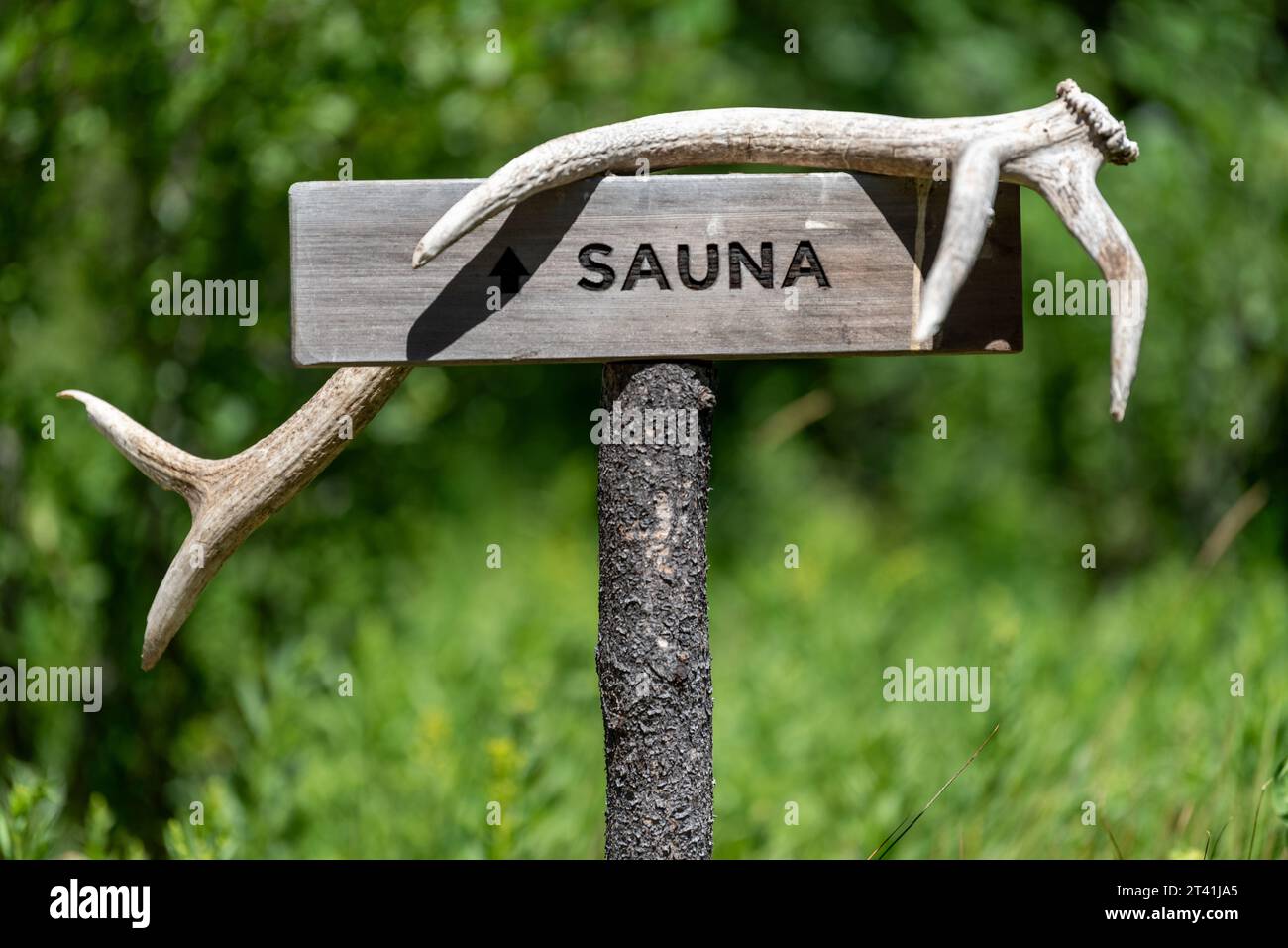 Sauna sign at the Minam River Lodge, Oregon. Stock Photo