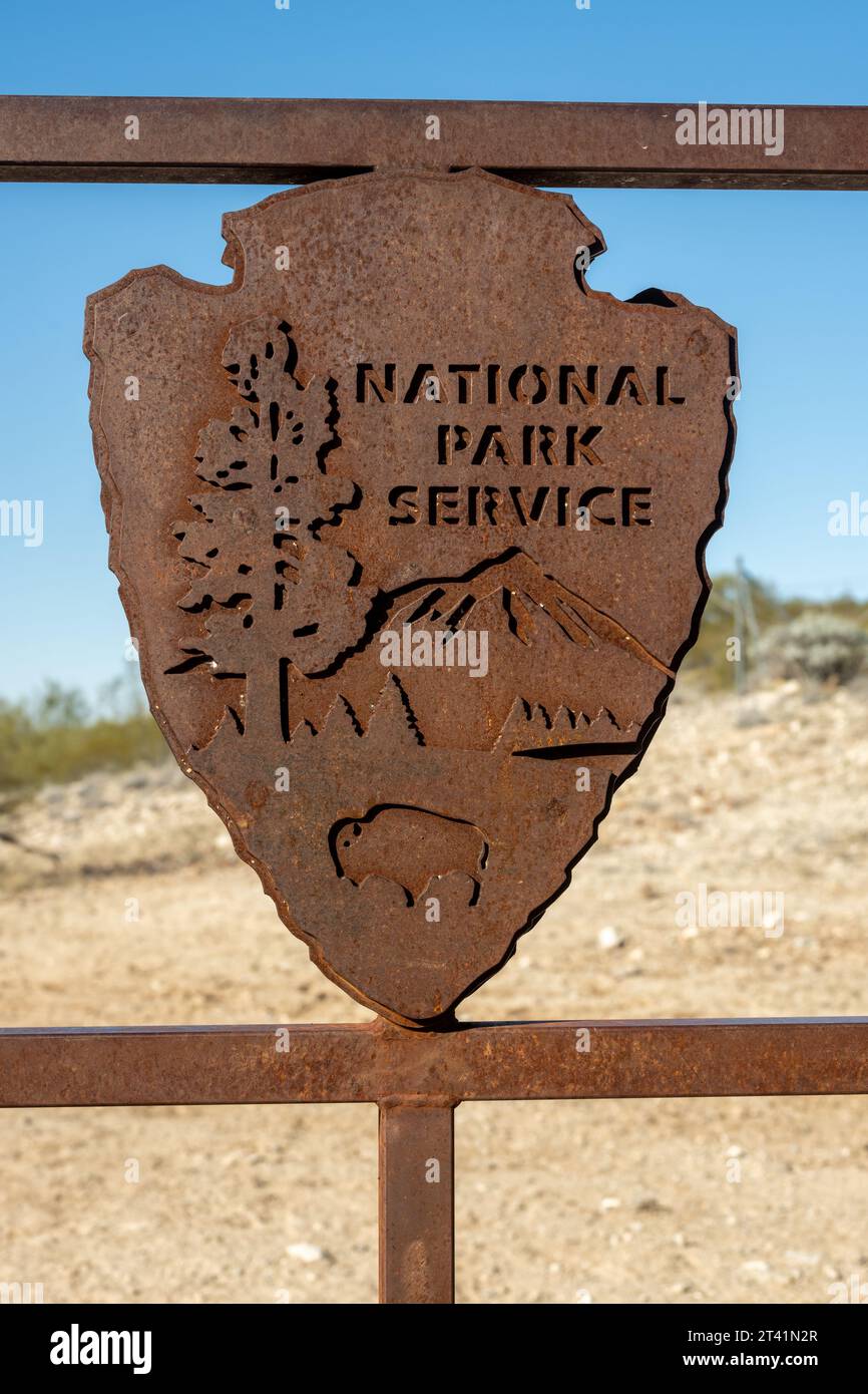 Tucson, United States: January 24, 2023: Rusty National Park Sign Welded On Gate in Saguaro National Park Stock Photo