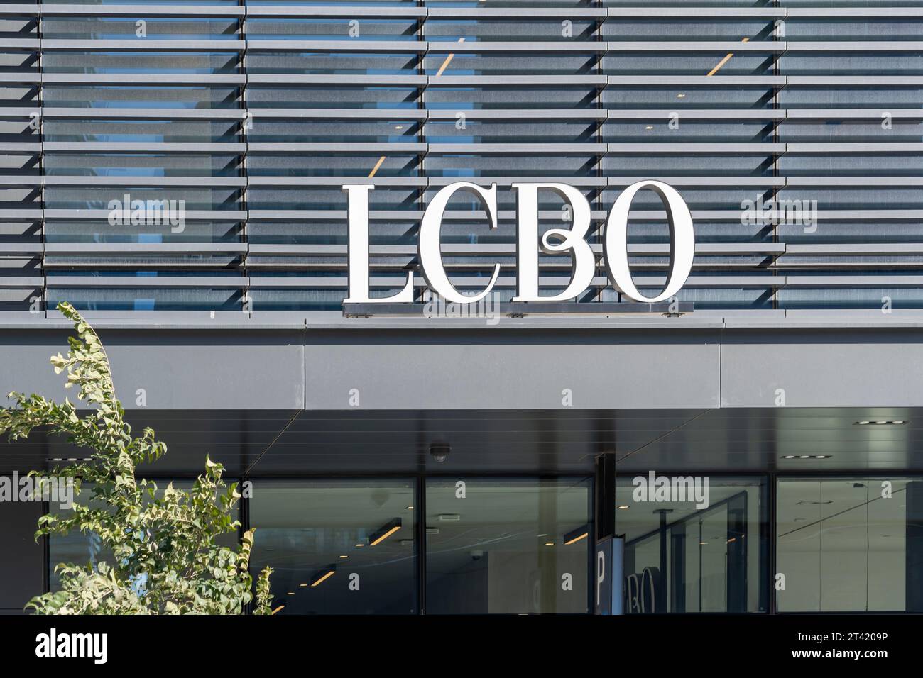 LCBO sign at the entrance to LCBO headquarters in Toronto, Canada Stock