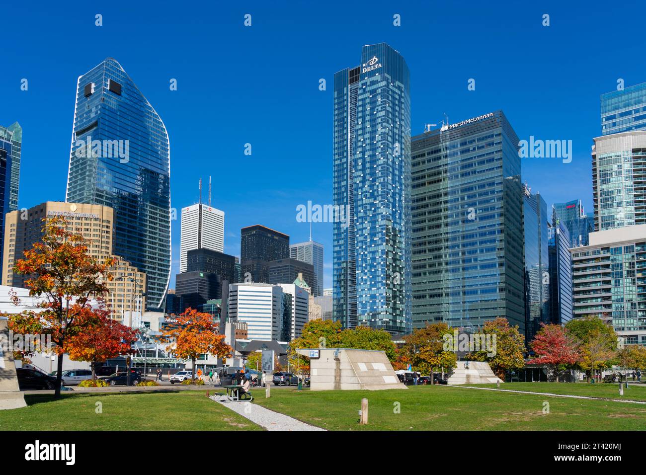 Toronto skyline at Bremner Blvd street and Lower Simcoe St, near Ripley's Aquarium of Canada looking East in Toronto, Canada Stock Photo