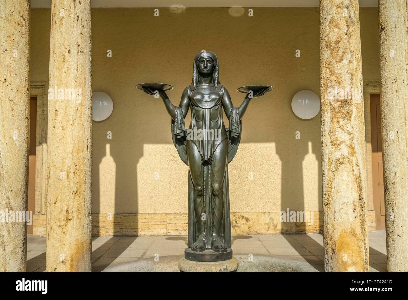 Fountain, Statue of the Virgin with the Bowls of Tears by Josef Zeitler, Celebration Hall, Waldfriedhof, Degerloch, Stuttgart, Baden-Wuerttemberg Stock Photo